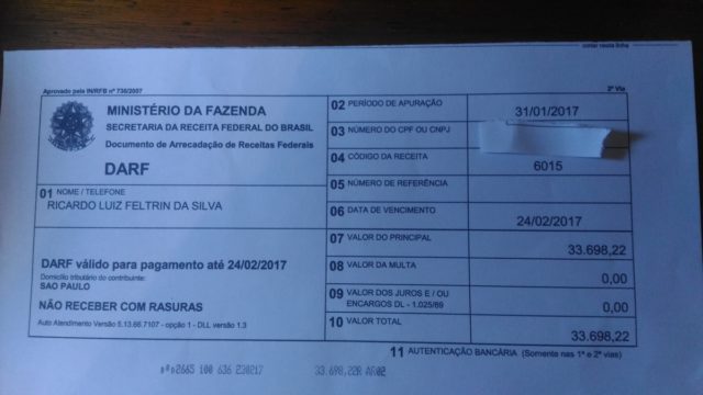 Imagem que demonstra quanto paguei de imposto (DARF) pelos lucros na Bovespa (mais de R$30.000,00)