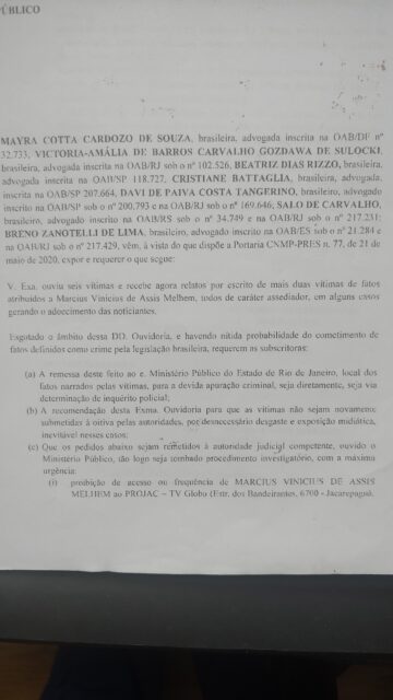 Página inicial da peça de acusação das oito mulheres que acusam Marcius Melhem de assédio sexual