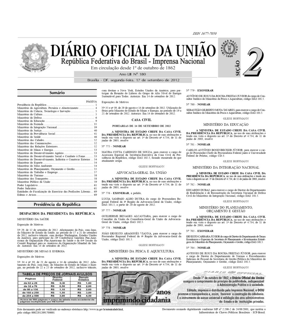 Mayra Cotta Cardozo de Souza é nomeada em 17/09/12 para trabalhar com a então ministra Gleisi Hoffmann