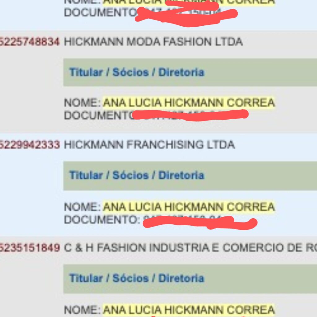 Os outros 6 CNPJs de Ana Lúcia Hickmann que tinha sociedade com o marido